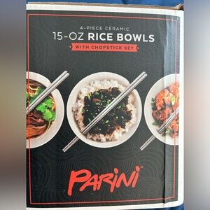 PARINI • 4 Red/White Rice Bowls w/ Stainless Steel Chopsticks • 15 oz •
